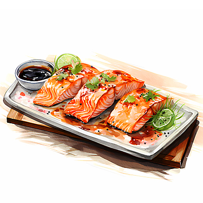 JPG 음식 일러스트 수채화 요리 사람없음 신선 슬라이스 연어 국내일러스트 AI일러스트 AI콘텐츠 어류 파일형식