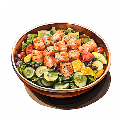 JPG 음식 채소 일러스트 오이 수채화 요리 사람없음 샐러드 신선 슬라이스 연어 나무그릇 국내일러스트 AI일러스트 AI콘텐츠 그릇 어류 목재 파일형식