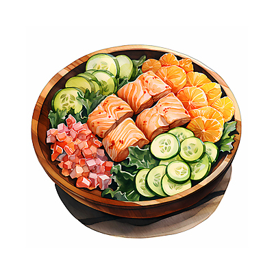 JPG 음식 채소 일러스트 오이 수채화 요리 사람없음 샐러드 신선 슬라이스 연어 나무그릇 국내일러스트 AI일러스트 AI콘텐츠 그릇 어류 목재 파일형식