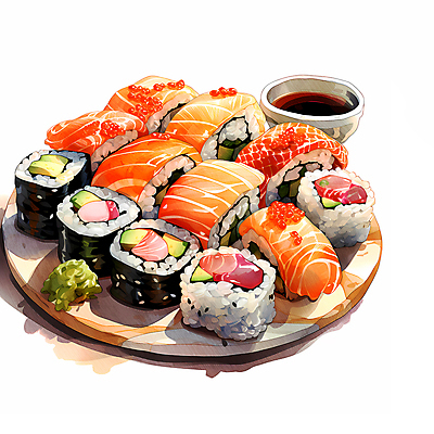 JPG 음식 일러스트 수채화 요리 사람없음 초밥 신선 슬라이스 연어 국내일러스트 AI일러스트 AI콘텐츠 어류 일본음식 파일형식