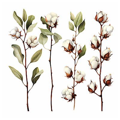 JPG 잎 일러스트 수채화 따뜻함 사람없음 흰색 나뭇가지 일렬 목화꽃 목화솜 국내일러스트 AI일러스트 AI콘텐츠 나무 식물 꽃 컬러 솜 파일형식