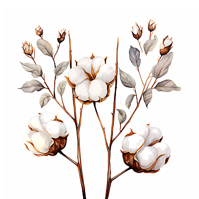 JPG 잎 일러스트 수채화 따뜻함 사람없음 흰색 나뭇가지 일렬 목화꽃 목화솜 국내일러스트 AI일러스트 AI콘텐츠 나무 식물 꽃 컬러 솜 파일형식