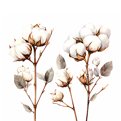 JPG 잎 일러스트 수채화 따뜻함 사람없음 흰색 나뭇가지 일렬 목화꽃 목화솜 국내일러스트 AI일러스트 AI콘텐츠 나무 식물 꽃 컬러 솜 파일형식