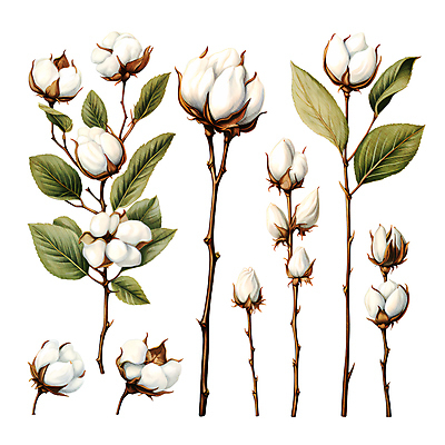 JPG 잎 일러스트 수채화 따뜻함 사람없음 흰색 나뭇가지 일렬 목화꽃 목화솜 국내일러스트 AI일러스트 AI콘텐츠 나무 식물 꽃 컬러 솜 파일형식