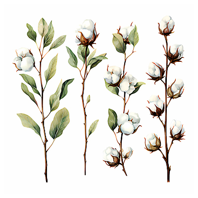 JPG 잎 일러스트 수채화 따뜻함 사람없음 흰색 나뭇가지 일렬 목화꽃 목화솜 국내일러스트 AI일러스트 AI콘텐츠 나무 식물 꽃 컬러 솜 파일형식