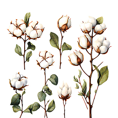 JPG 잎 일러스트 수채화 따뜻함 사람없음 흰색 나뭇가지 일렬 목화꽃 목화솜 국내일러스트 AI일러스트 AI콘텐츠 나무 식물 꽃 컬러 솜 파일형식