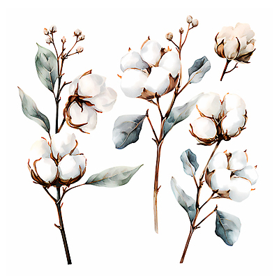 JPG 잎 일러스트 수채화 따뜻함 사람없음 흰색 나뭇가지 일렬 목화꽃 목화솜 국내일러스트 AI일러스트 AI콘텐츠 나무 식물 꽃 컬러 솜 파일형식