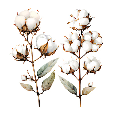 JPG 잎 일러스트 수채화 따뜻함 사람없음 흰색 나뭇가지 일렬 목화꽃 목화솜 국내일러스트 AI일러스트 AI콘텐츠 나무 식물 꽃 컬러 솜 파일형식