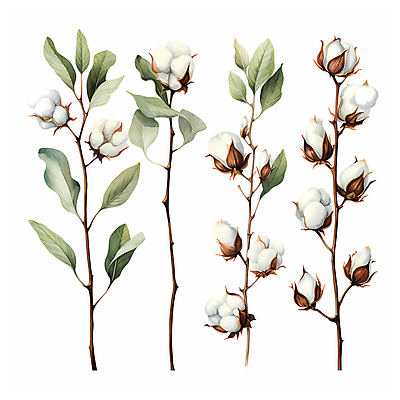 JPG 잎 일러스트 수채화 따뜻함 사람없음 흰색 나뭇가지 일렬 목화꽃 목화솜 국내일러스트 AI일러스트 AI콘텐츠 나무 식물 꽃 컬러 솜 파일형식