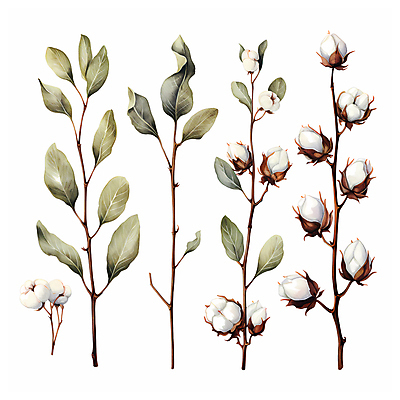 JPG 잎 일러스트 수채화 따뜻함 사람없음 흰색 나뭇가지 일렬 목화꽃 목화솜 국내일러스트 AI일러스트 AI콘텐츠 나무 식물 꽃 컬러 솜 파일형식
