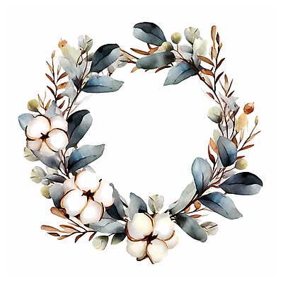 JPG 잎 일러스트 수채화 따뜻함 사람없음 흰색 나뭇가지 원형프레임 목화꽃 목화솜 국내일러스트 AI일러스트 AI콘텐츠 나무 식물 꽃 컬러 프레임 원형 솜 파일형식