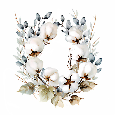 JPG 잎 일러스트 수채화 따뜻함 사람없음 흰색 나뭇가지 원형프레임 목화꽃 목화솜 국내일러스트 AI일러스트 AI콘텐츠 나무 식물 꽃 컬러 프레임 원형 솜 파일형식