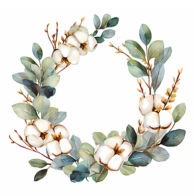 JPG 잎 일러스트 수채화 따뜻함 사람없음 흰색 나뭇가지 원형프레임 목화꽃 목화솜 국내일러스트 AI일러스트 AI콘텐츠 나무 식물 꽃 컬러 프레임 원형 솜 파일형식