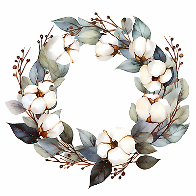 JPG 잎 일러스트 수채화 따뜻함 사람없음 흰색 나뭇가지 원형프레임 목화꽃 목화솜 국내일러스트 AI일러스트 AI콘텐츠 나무 식물 꽃 컬러 프레임 원형 솜 파일형식