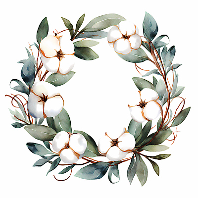 JPG 잎 일러스트 수채화 따뜻함 사람없음 흰색 나뭇가지 원형프레임 목화꽃 목화솜 국내일러스트 AI일러스트 AI콘텐츠 나무 식물 꽃 컬러 프레임 원형 솜 파일형식