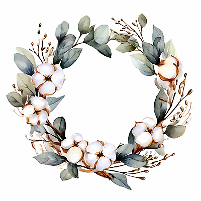 JPG 잎 일러스트 수채화 따뜻함 사람없음 흰색 나뭇가지 원형프레임 목화꽃 목화솜 국내일러스트 AI일러스트 AI콘텐츠 나무 식물 꽃 컬러 프레임 원형 솜 파일형식