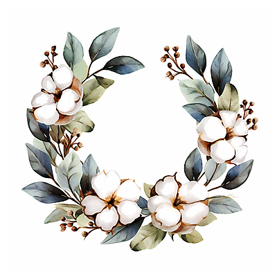 JPG 잎 일러스트 수채화 따뜻함 사람없음 흰색 나뭇가지 원형프레임 목화꽃 목화솜 국내일러스트 AI일러스트 AI콘텐츠 나무 식물 꽃 컬러 프레임 원형 솜 파일형식