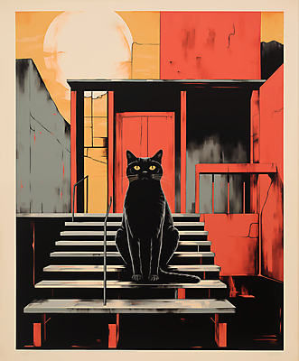 JPG 동물 응시 일러스트 주택 앉기 사람없음 계단 고양이 디지털합성 편집소스 국내일러스트 AI일러스트 AI콘텐츠 시선 포유류 모션 건물 반려동물 파일형식