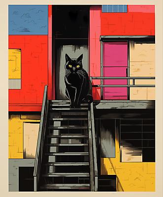 JPG 동물 응시 일러스트 주택 앉기 사람없음 계단 고양이 디지털합성 편집소스 국내일러스트 AI일러스트 AI콘텐츠 시선 포유류 모션 건물 반려동물 파일형식