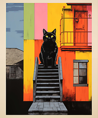 JPG 동물 응시 일러스트 주택 앉기 사람없음 계단 고양이 디지털합성 편집소스 국내일러스트 AI일러스트 AI콘텐츠 시선 포유류 모션 건물 반려동물 파일형식