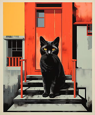 JPG 동물 응시 일러스트 주택 앉기 사람없음 계단 고양이 디지털합성 편집소스 국내일러스트 AI일러스트 AI콘텐츠 시선 포유류 모션 건물 반려동물 파일형식