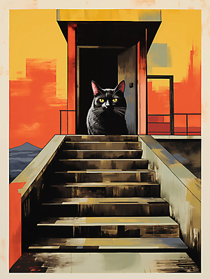 JPG 동물 응시 일러스트 주택 앉기 사람없음 계단 고양이 디지털합성 편집소스 국내일러스트 AI일러스트 AI콘텐츠 시선 포유류 모션 건물 반려동물 파일형식