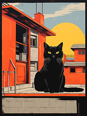 JPG 동물 응시 일러스트 주택 앉기 사람없음 고양이 디지털합성 편집소스 국내일러스트 AI일러스트 AI콘텐츠 시선 포유류 모션 건물 반려동물 파일형식