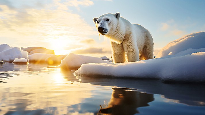 JPG 편집이미지 한마리 바다 곰 자연 하늘 사람없음 햇빛 황혼 북극 북극곰 빙하 편집실사 AI포토 AI콘텐츠 동물 1 포유류 태양 일몰 극지방 CG 생태계 파일형식