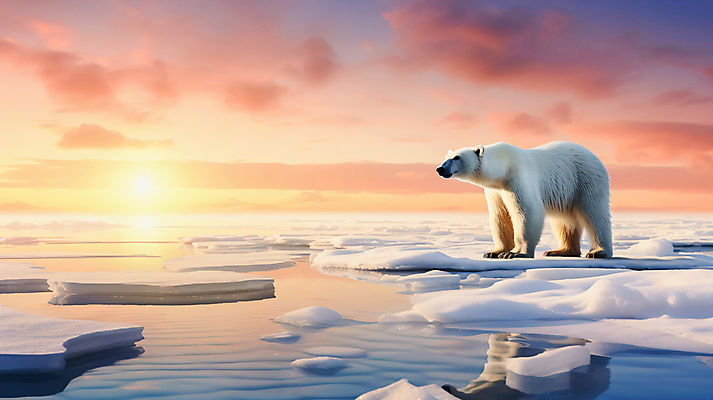 JPG 편집이미지 한마리 바다 곰 자연 하늘 사람없음 햇빛 황혼 북극 북극곰 빙하 편집실사 AI포토 AI콘텐츠 동물 1 포유류 태양 일몰 극지방 CG 생태계 파일형식