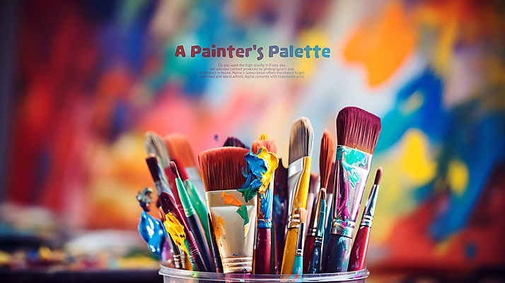 PSD 편집이미지 예술 미술 사람없음 컬러풀 페인트 물감 붓 팔레트 담기 그림붓 카피스페이스 이미지편집 컬러 모션 문화예술 공백 미술도구 파일형식