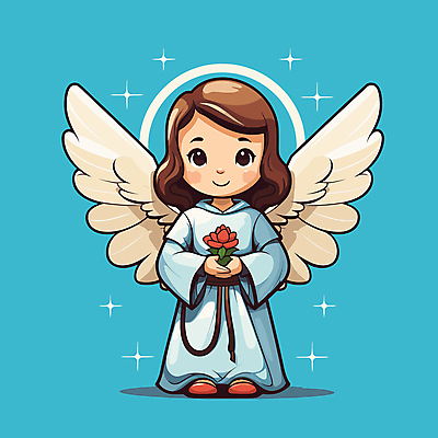 전신 원피스 여자 꽃 하늘색 십자가 일러스트 천사 한명 들기 반짝임 신성 천사날개 여자한명만 국내일러스트 AI파일 식물 1 옷 날개 모션 사람 파란색 여자만 파일형식 벡터