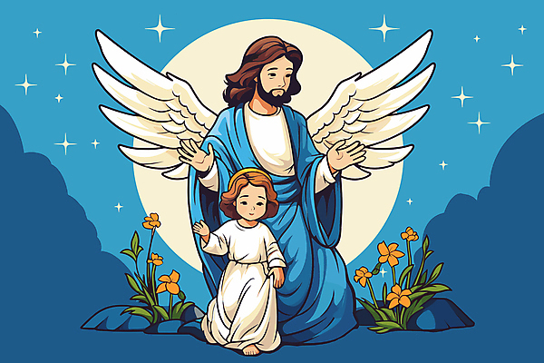 전신 원피스 여자 남자 꽃 어린이 일러스트 팔벌리기 천사 소녀 성인 두명 파란색 반짝임 달 돌_바위 예수 신성 천사날개 국내일러스트 AI파일 자연요소 식물 옷 컬러 날개 모션 사람 신_종교 파일형식 벡터