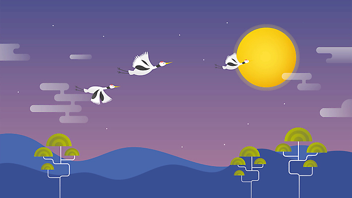 나무 밤하늘 새해 산 세마리 사람없음 학 새해인사 보름달 연하장 구름모양 모션그래픽 MP4 MOV 모양 식물 조류 하늘 카드_감사 3 달 인사 야간 동영상 파일형식 구름_자연