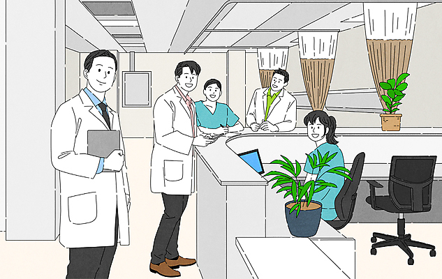 전신 여자 남자 화분 의자 일러스트 함께함 병원 들기 손짓 여러명 상반신 성인 간호사 의사 의사가운 커튼 프런트 서류판 응급실 성인만 국내일러스트 AI파일 가구 다수 컨셉 의학 모션 사람 사무용품 의료진 가운 파일형식 벡터