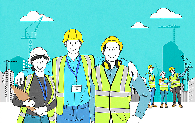 전신 구름 여자 남자 건축 일러스트 어깨동무 함께함 기술 공사 들기 여러명 상반신 성인 건설현장 가리킴 안전모 서류판 안전조끼 성인만 건설근로자 국내일러스트 AI파일 자연요소 직업 포즈 다수 컨셉 모션 건설업 사람 손짓 사무용품 헬멧 안전장비 파일형식 벡터