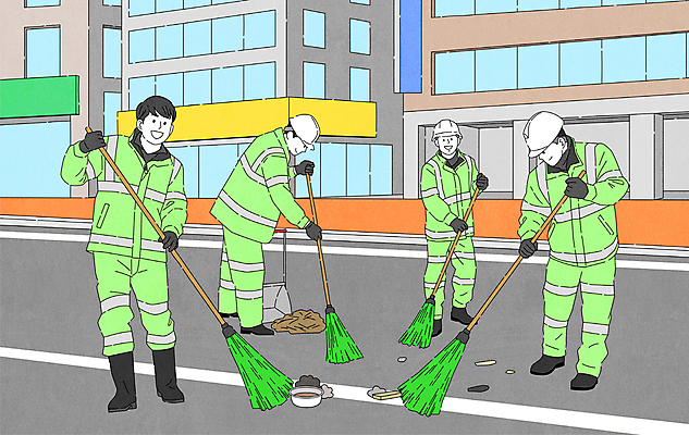 전신 여자 남자 도로 일러스트 거리 함께함 들기 여러명 성인 건물 빗자루 청소 청소부 쓰레받기 쓸기 환경미화원 성인만 국내일러스트 AI파일 직업 건축물 길 다수 컨셉 교통시설 모션 사람 청소도구 파일형식 벡터