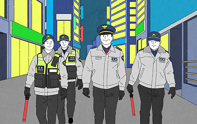 여자 남자 일러스트 거리 함께함 들기 안전 여러명 상반신 성인 건물 걷기 밤거리 경찰 도심 경찰봉 순찰 성인만 순찰조끼 국내일러스트 AI파일 직업 건축물 다수 컨셉 모션 사람 도시 경찰복 파일형식 벡터