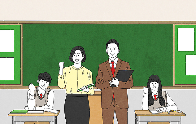 학생 여자 교육 남자 교복 일러스트 교실 학교 청소년 함께함 서기 들기 앉기 여러명 상반신 성인 책 파이팅 교사 칠판 책상 서류판 국내일러스트 AI파일 직업 옷 가구 다수 컨셉 모션 사람 사무용품 파일형식 벡터