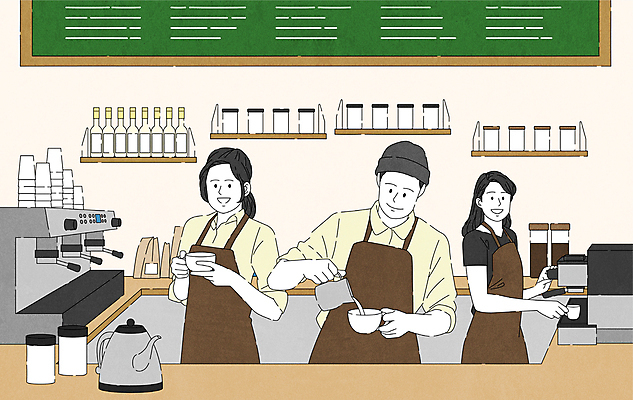 여자 남자 커피 일러스트 주전자 선반 함께함 들기 상반신 성인 세명 앞치마 카페 붓기 커피잔 커피메이커 메뉴판 바리스타 공병 성인만 국내일러스트 AI파일 직업 음료 가구 컨셉 모션 주방용품 잔 사람 상점 커피용품 병_담는 파일형식 벡터