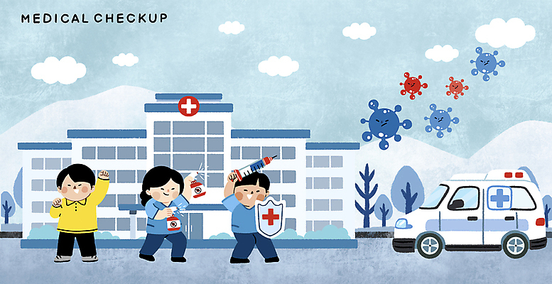 전신 PSD 나무 구름 여자 남자 일러스트 병원 주사기 서기 들기 성인 세명 파란색 바이러스 보호 구급차 예방 싸움 방패 소독제 성인만 국내일러스트 자연요소 식물 컬러 컨셉 의학 의료기기 모션 자동차 사람 파일형식