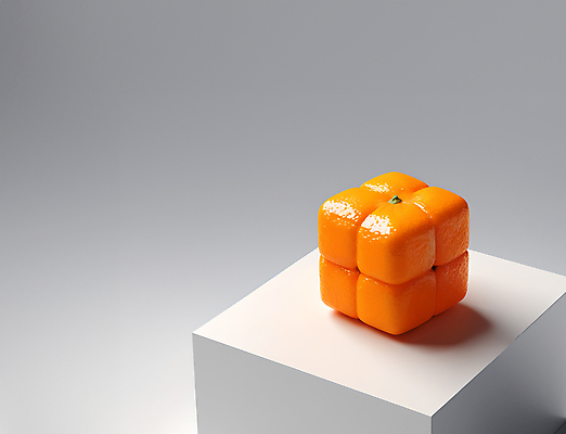 JPG 편집이미지 추상 귤 사람없음 3D 사각형 주황색 큐브 입체 디지털합성 오브젝트 카피스페이스 편집소스 편집3D AI컴퓨터그래픽 AI콘텐츠 도형 컬러 무늬 과일 공백 파일형식