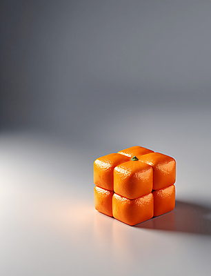 JPG 편집이미지 추상 귤 사람없음 3D 사각형 주황색 큐브 입체 디지털합성 오브젝트 카피스페이스 편집소스 편집3D AI컴퓨터그래픽 AI콘텐츠 도형 컬러 무늬 과일 공백 파일형식