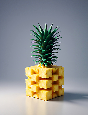 JPG 편집이미지 추상 사람없음 노란색 3D 사각형 큐브 입체 디지털합성 파인애플 오브젝트 편집소스 편집3D AI컴퓨터그래픽 AI콘텐츠 도형 컬러 무늬 과일 열대과일 파일형식