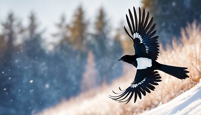 JPG 편집이미지 한마리 겨울 조류 사람없음 비행 눈 풀 숲속 숲 까치 눈덮임 편집실사 AI포토 AI콘텐츠 자연요소 식물 동물 1 계절 컨셉 날씨 CG 파일형식