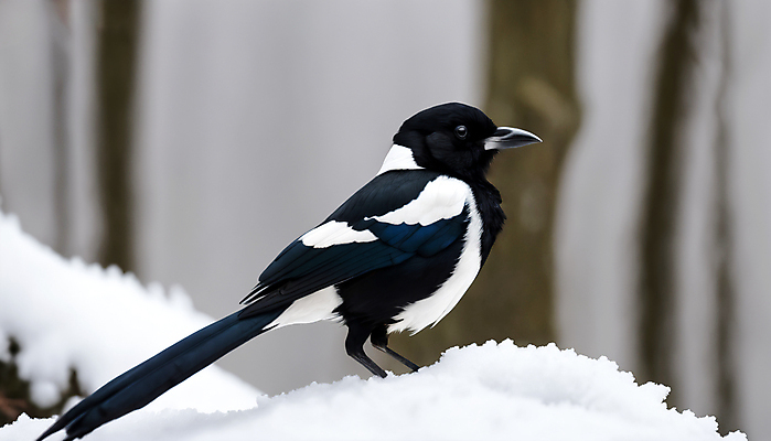 JPG 편집이미지 한마리 겨울 조류 사람없음 나뭇가지 눈 숲속 숲 까치 눈덮임 편집실사 AI포토 AI콘텐츠 자연요소 나무 동물 1 계절 컨셉 날씨 CG 파일형식