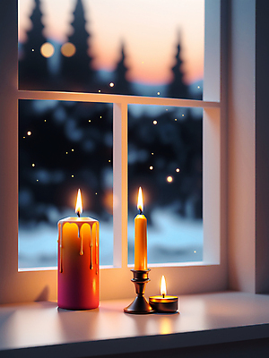 JPG 편집이미지 겨울 초 촛불 창문 실내 풍경 사람없음 눈 창가 디지털합성 촛대 블러효과 편집소스 편집실사 AI포토 AI콘텐츠 자연요소 계절 날씨 내부 CG 블러 파일형식 효과