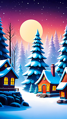 JPG 나무 편집이미지 겨울 밤하늘 주택 풍경 사람없음 마을 설원 달 눈 숲 디지털합성 편집소스 눈덮임 편집실사 AI일러스트 AI콘텐츠 자연요소 식물 계절 컨셉 하늘 날씨 눈_날씨 건물 야간 CG 파일형식