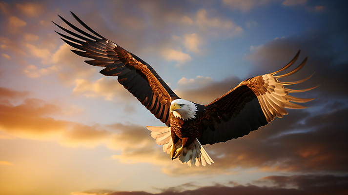 JPG 구름 편집이미지 한마리 하늘 사람없음 일몰 비행 독수리 흰머리독수리 편집실사 AI포토 AI콘텐츠 자연요소 1 조류 노을 CG 파일형식