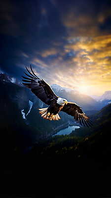 JPG 구름 편집이미지 한마리 하늘 산 사람없음 일몰 비행 독수리 흰머리독수리 편집실사 AI포토 AI콘텐츠 자연요소 1 조류 노을 CG 파일형식