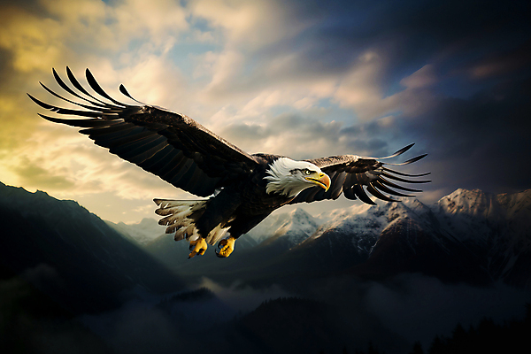 JPG 구름 편집이미지 한마리 하늘 산 사람없음 일몰 비행 독수리 흰머리독수리 편집실사 AI포토 AI콘텐츠 자연요소 1 조류 노을 CG 파일형식